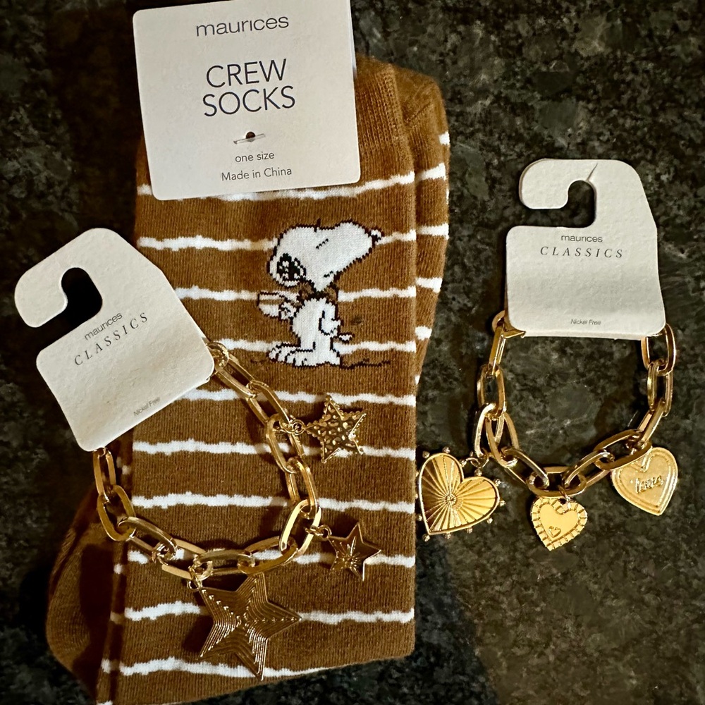 Maurices Snoopy Coffee / Tea Socks and (2) Charm Bracelets